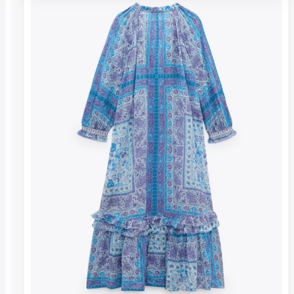 Zara * Printed Blue Maxi Midi Flowy Boho Dress Size S - Picture 5 of 12